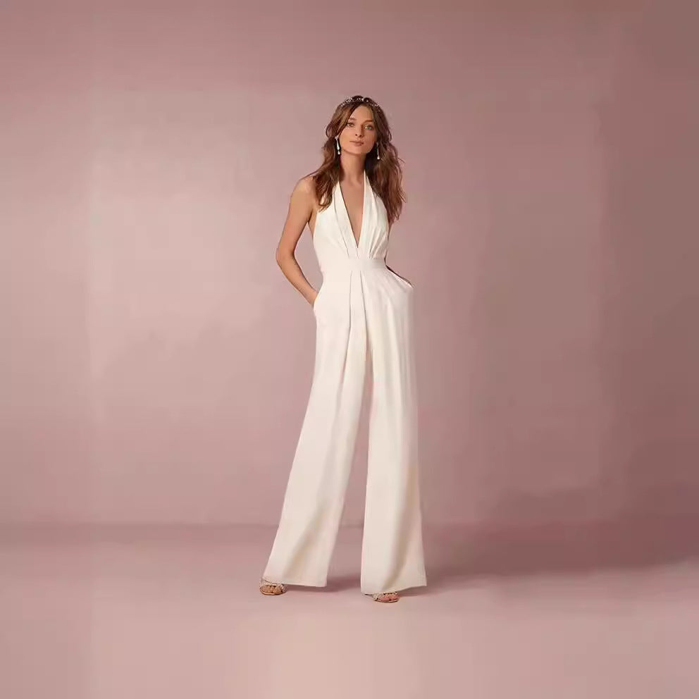 Dame Elegant Jumpsuit med Dyp V-Hals og Bred Bein Skjora