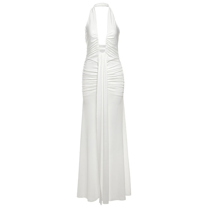 Dame Elegant Maxikjole med raffinerte draperinger og dyp V-hals Skjora