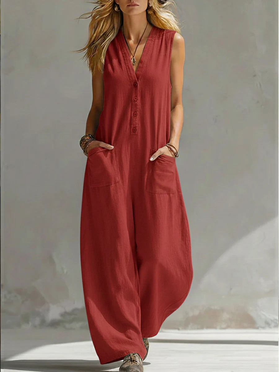 Dame jumpsuit med dyp V-halsing og praktiske lommer Skjora
