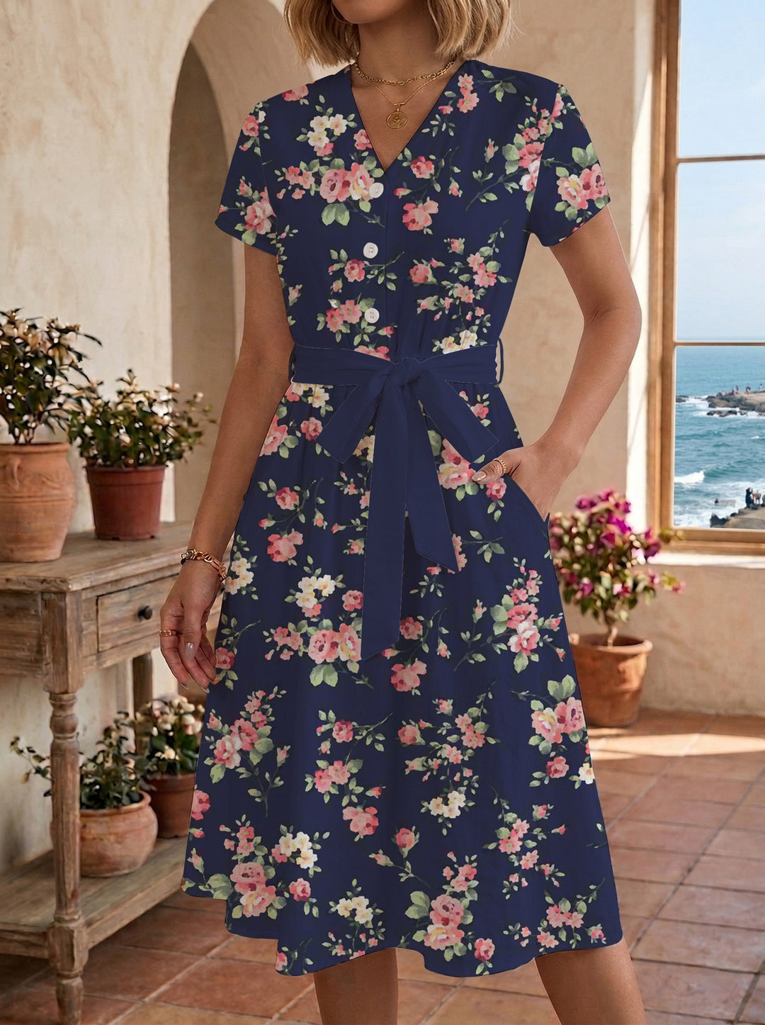 Damen Midikleid mit floralem Muster und Taillengürtel Skjora