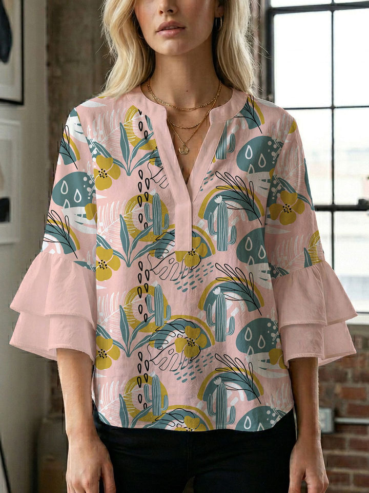 Dame bluseskjorte med voluminøse ermer og kreativt trykkdesign Skjora