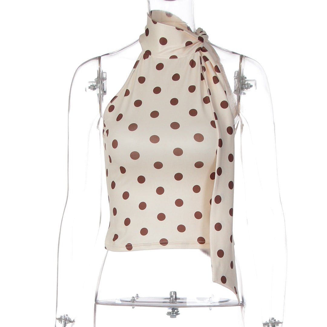 Dame asymmetrisk polka-prikket topp med høye skjæringslinjer og elegant halterdesign Skjora