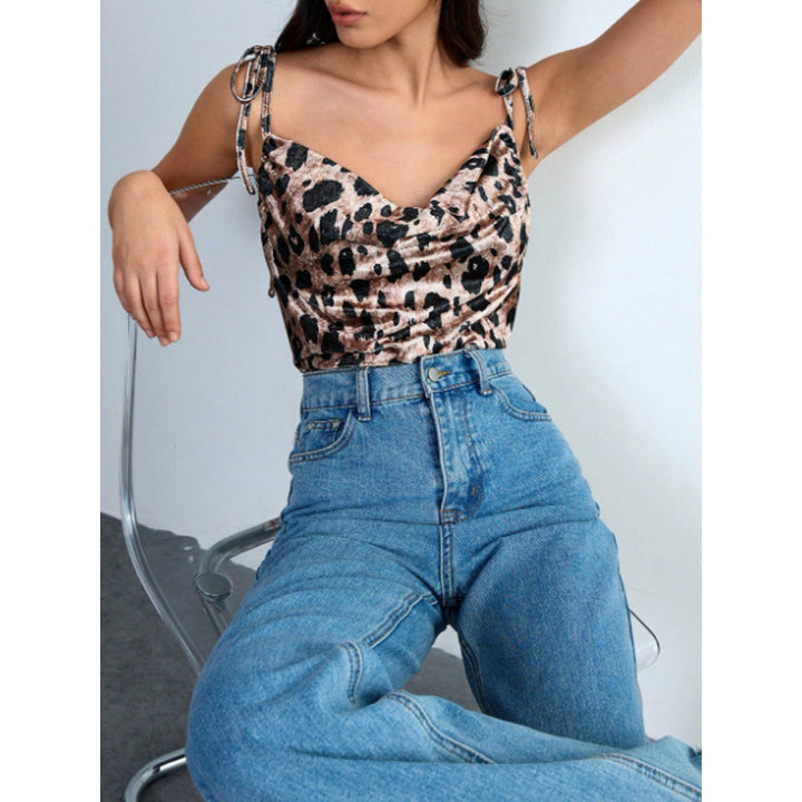 Dame Elegant leopardmønster spaghetti-top med rynket detalj Skjora