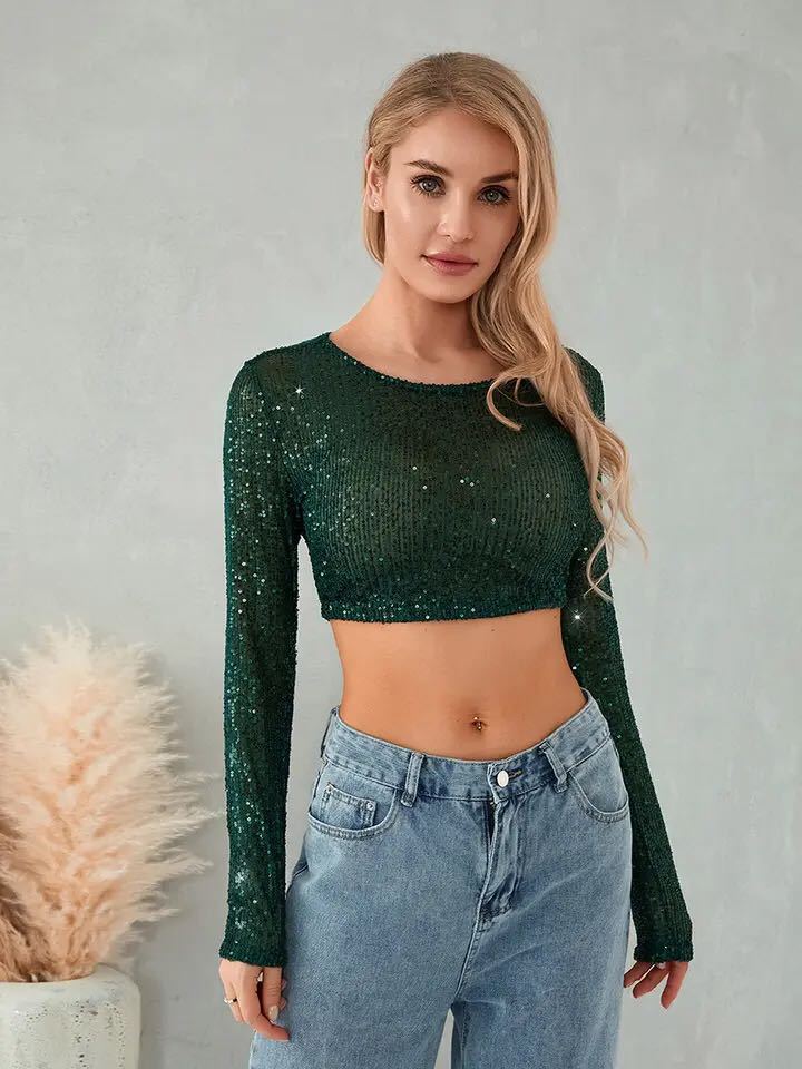 Kvinnenes glitrende crop top med lange ermer og figurnær skåret