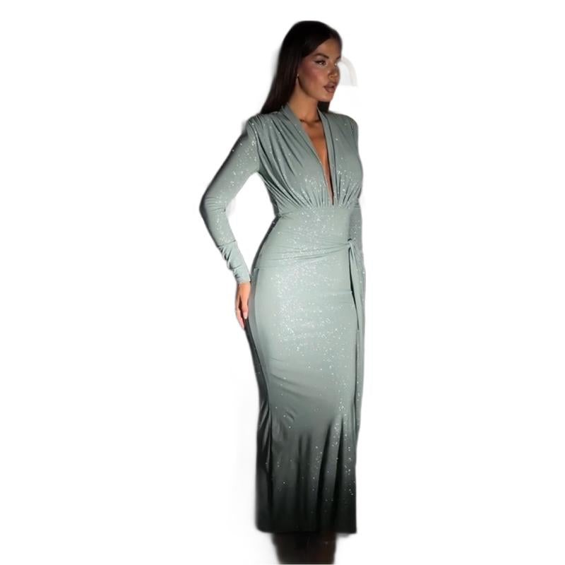 Damer Elegant Maxi Kjole med Dyp V-Hals og Figur-Fasong Silhuett Skjora