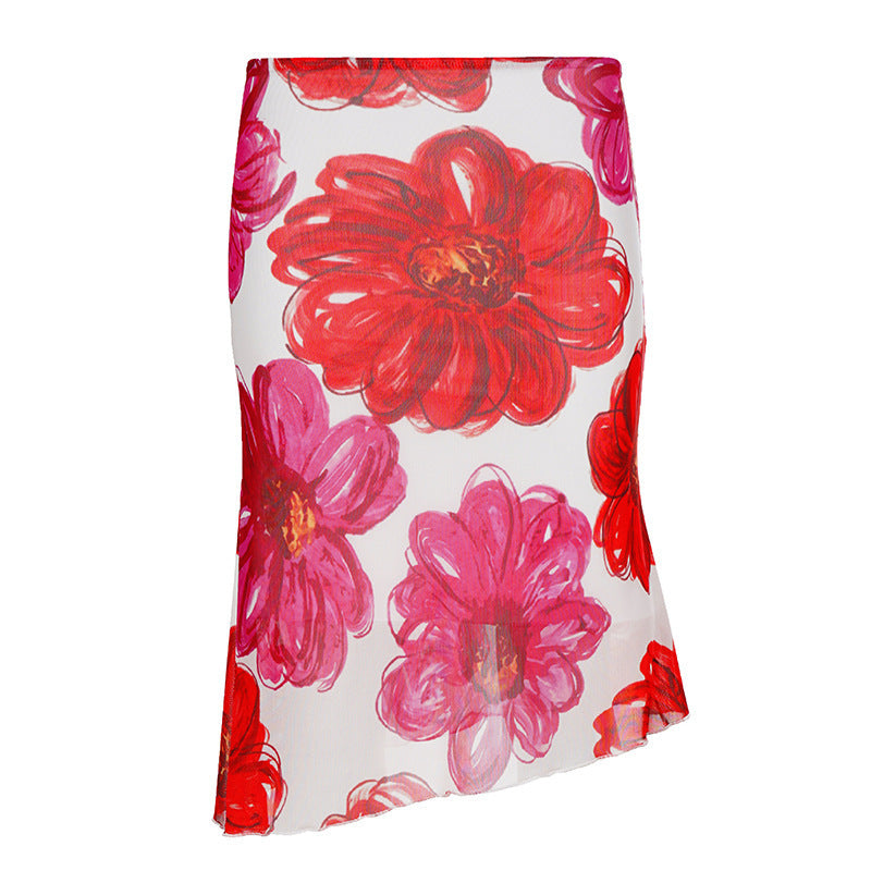 Dame Floral Maxi skjørt med asymmetrisk kant og elastisk liv Skjora