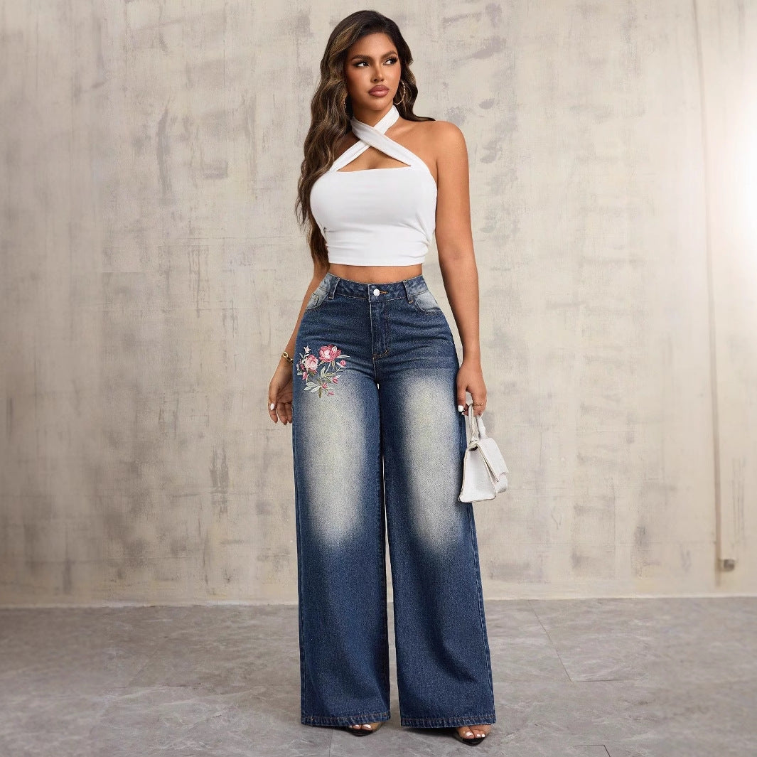Kvinne bred denim jeans med blomsterbroderi Skjora