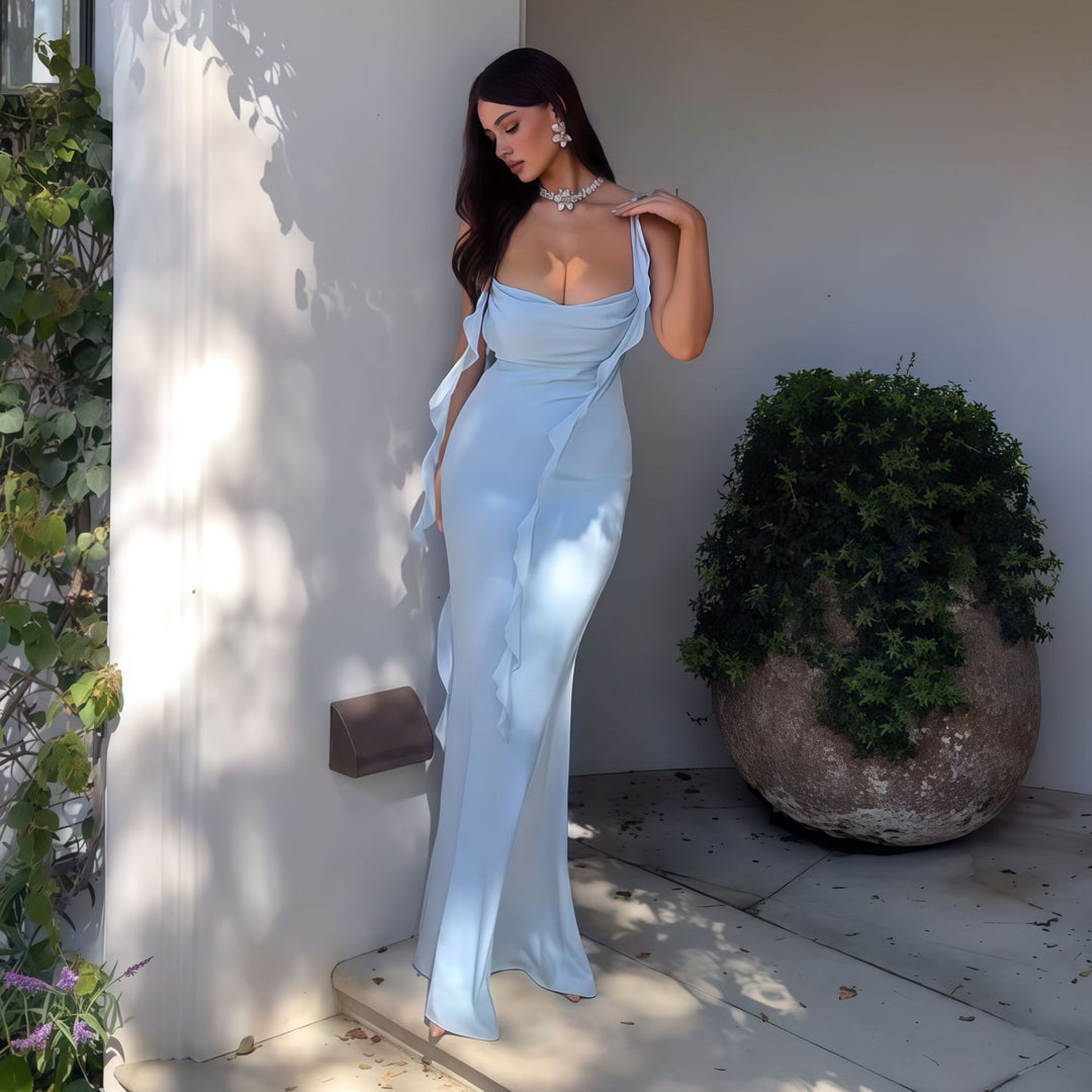 Damer Elegant Maxi-Kjole med asymmetrisk Volangdetaljer og dyp V-utringning Skjora