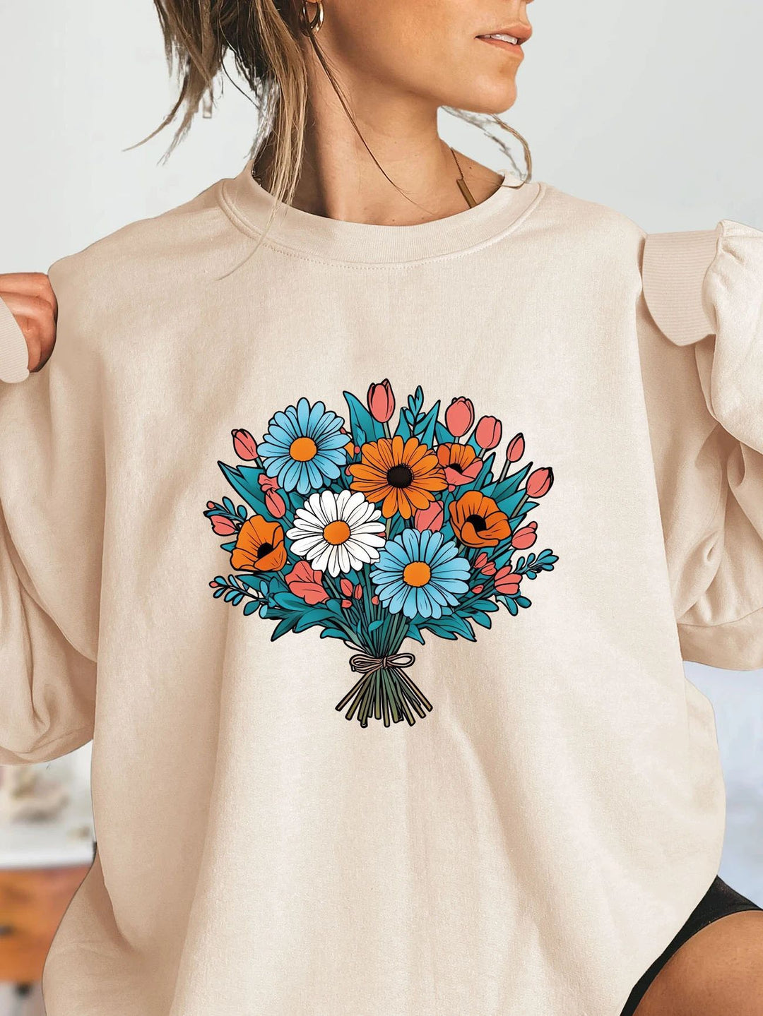 Damer Oversized Sweatshirt med florale grafikkdetaljer Skjora