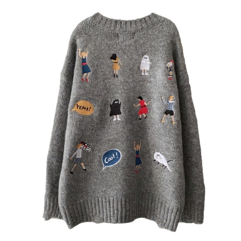 Kvinnes chunky strikkegenser med unik broderi Skjora