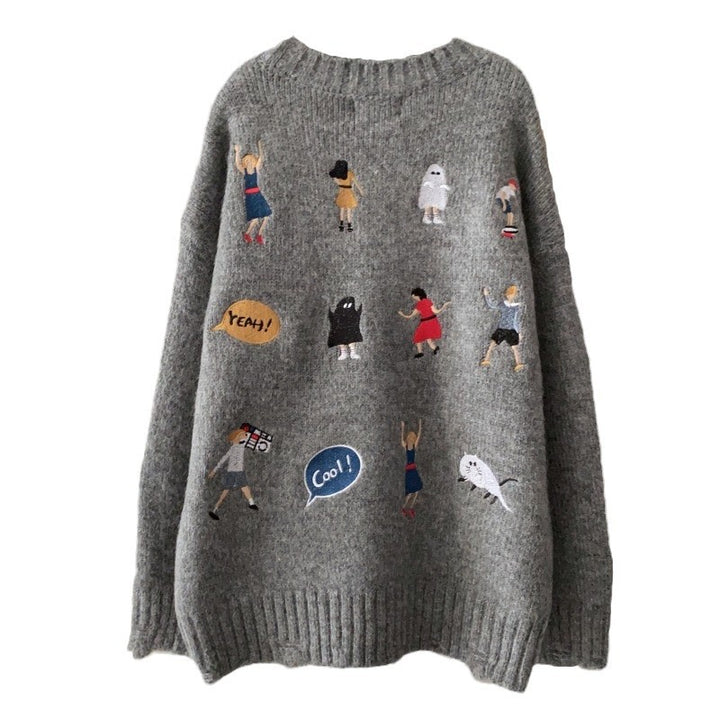 Kvinnes chunky strikkegenser med unik broderi Skjora