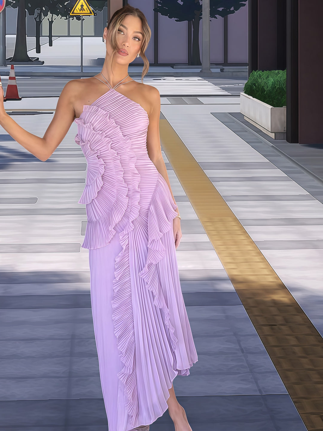 Women's Elegant Wrapped Dress with Flowing Pleated Skirt and Asymmetrical Ruffle Details