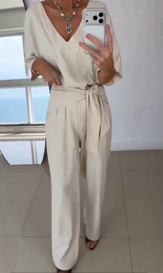 Dame Elegant Jumpsuit med skreddersydd snitt og omslag belte Skjora
