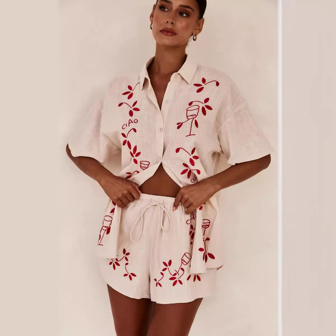 Dame Lett Kortermet Skjorte og Shorts Sett med Blomsterbroderi Design Skjora
