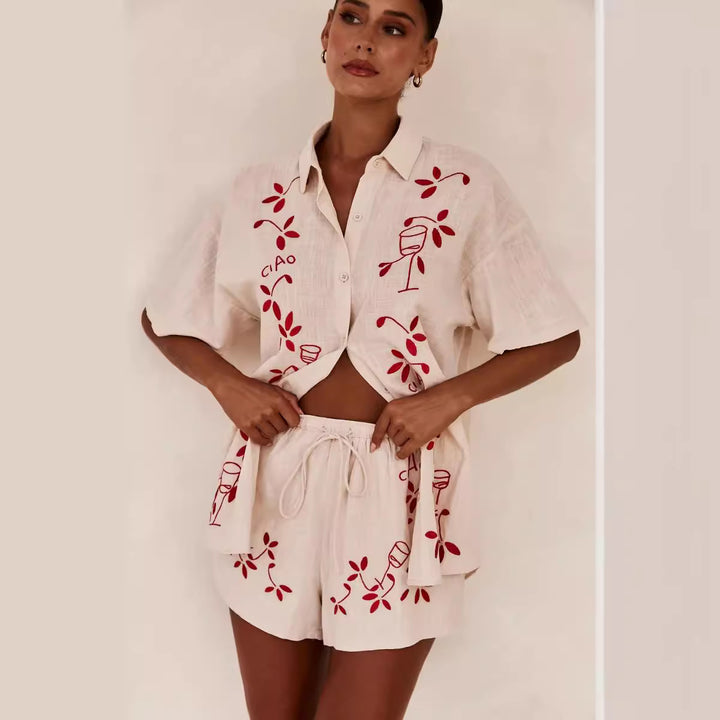 Dame Lett Kortermet Skjorte og Shorts Sett med Blomsterbroderi Design Skjora