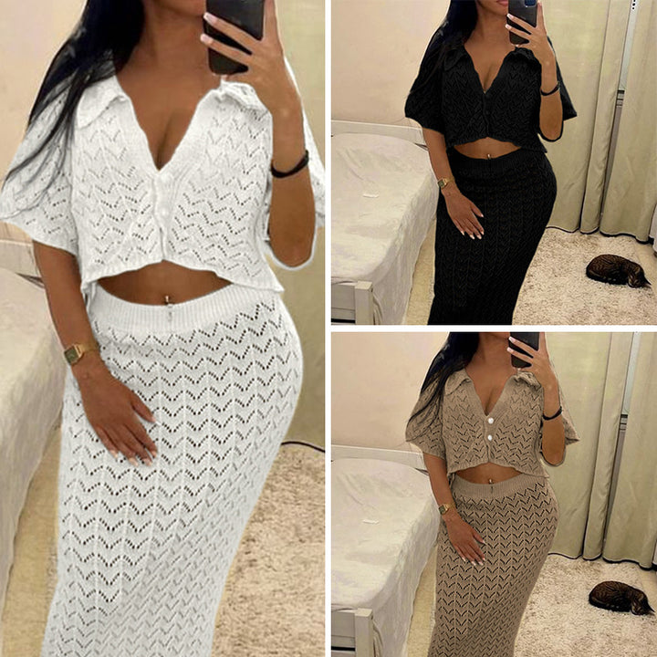 Damen Häkel-Midi-Kleid mit festem Bund und luxuriösem Schnitt Skjora