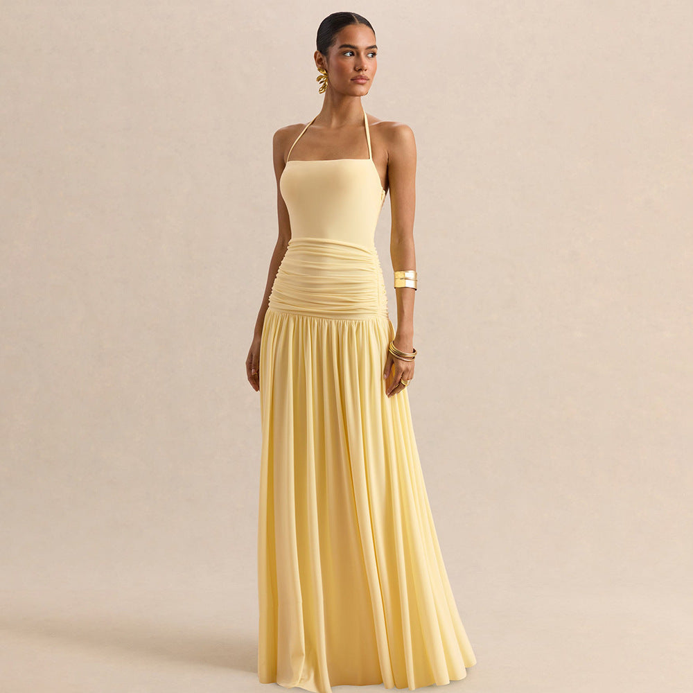 Dame maxikjole med rynker og off-shoulder design Skjora
