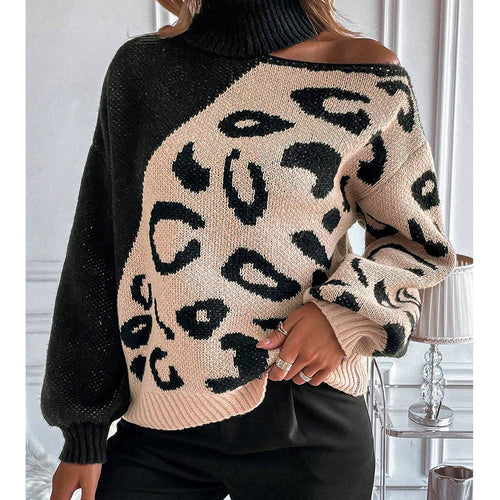 Dame strikkegenser med trendy leopardmønster og høy krage Skjora