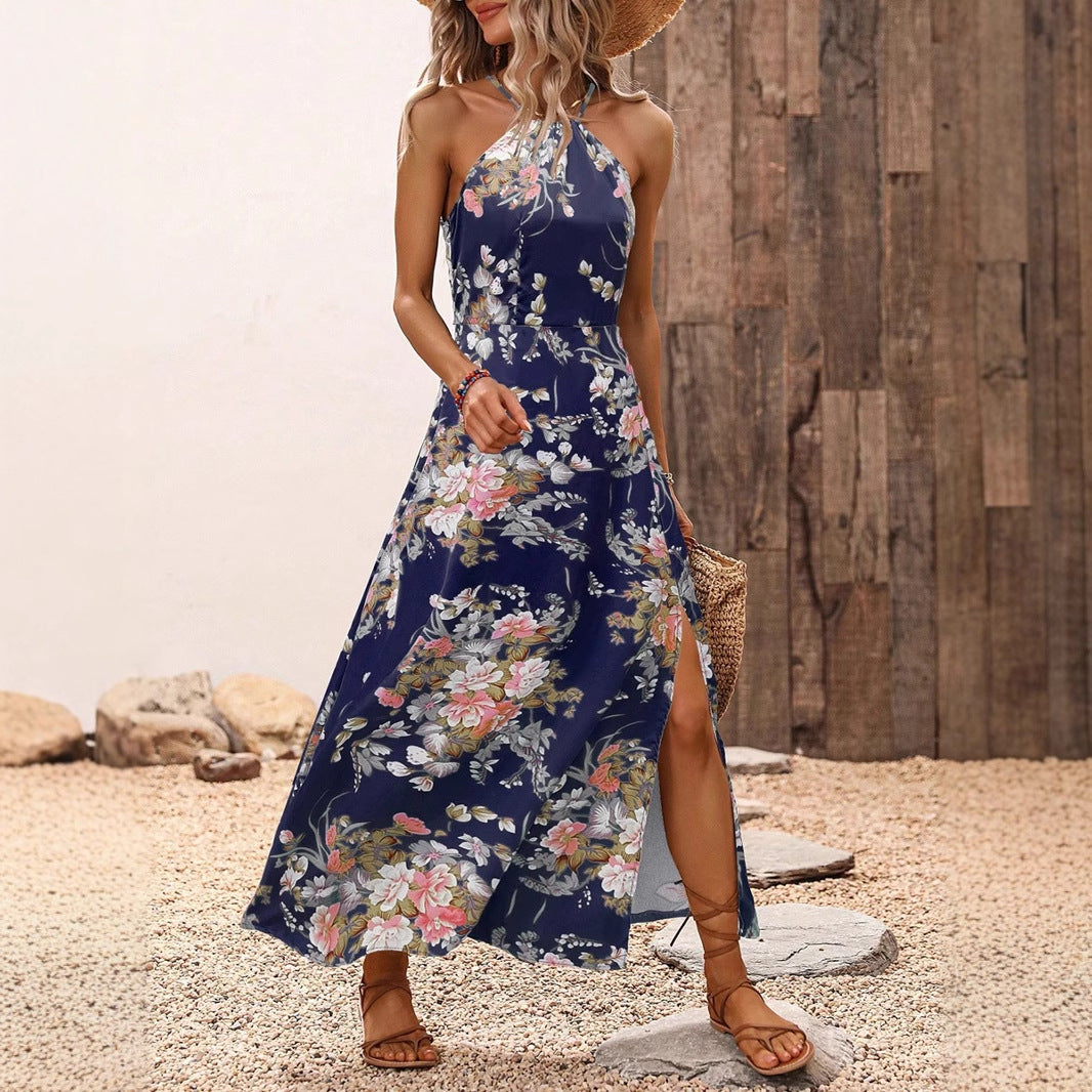Dame maxikjole med elegante sidesplitter og blomsterdetaljer Skjora