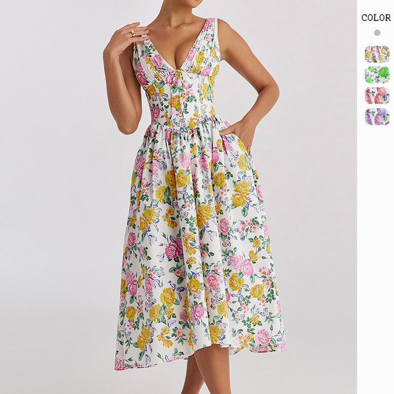 Dame midi kjole med blomsterdetaljer og tilpasset topp