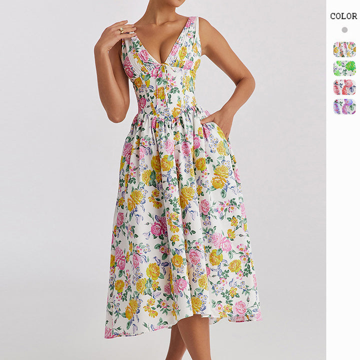 Dame midi kjole med blomsterdetaljer og tilpasset topp