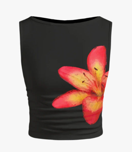 Dame ermeløs Crop-Top med blomstermotiv og tettsittende snitt Skjora