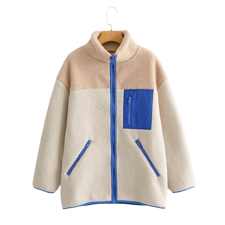 Kvinnes Fluffy Fleece Jakke med Høy Krage og Glidelås Skjora
