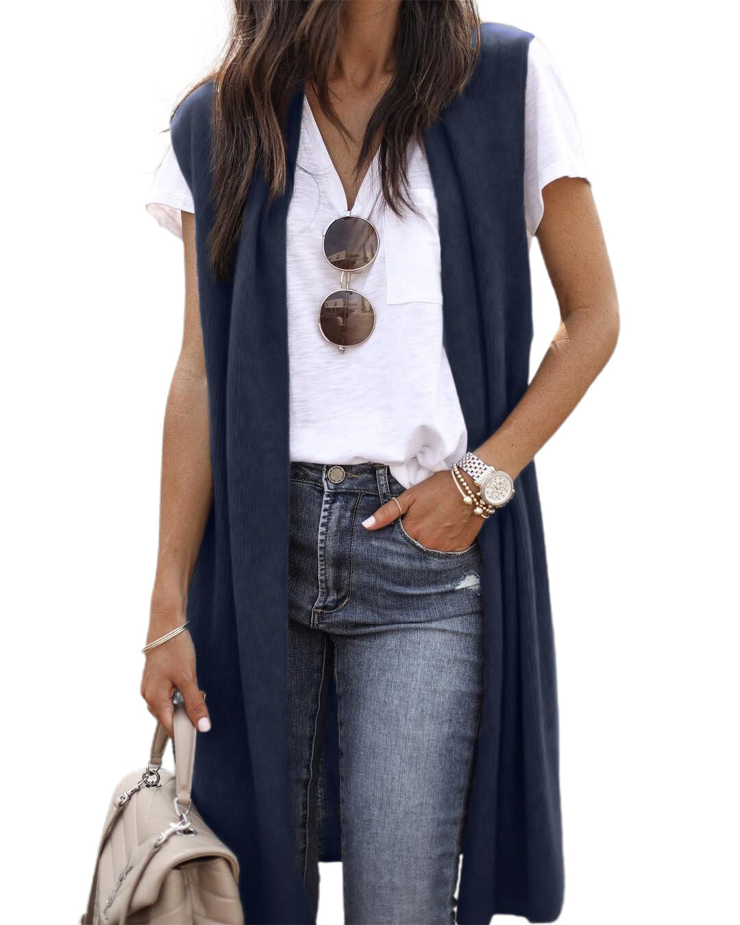 Dames Elegant Lang Strikket Vest i Uformell Stil