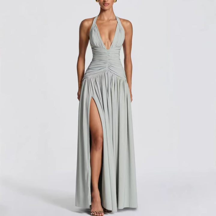 Dame Elegant Maxi Kjole med Innvikningsdesign og V-hals