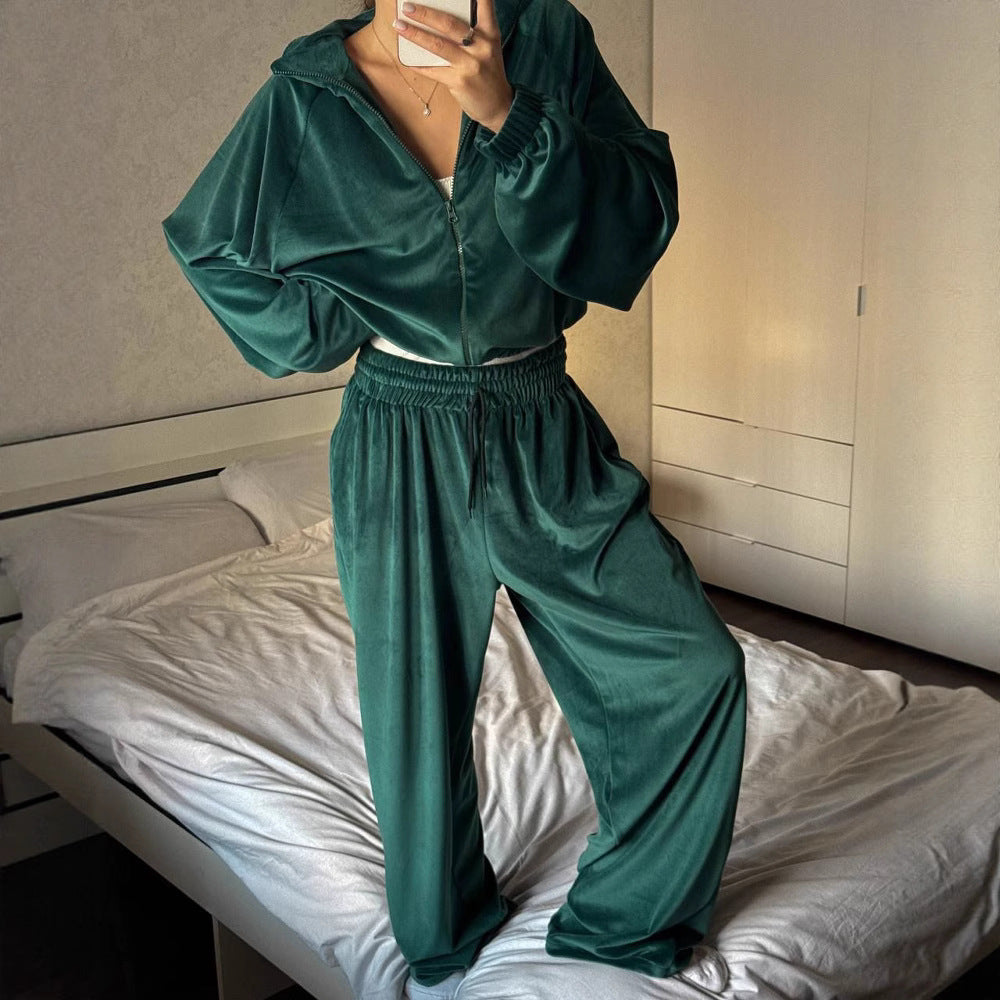 Kvinnes Fleece Lounge Wear Sett med Moderne Glidelås og Løs Passform Skjora