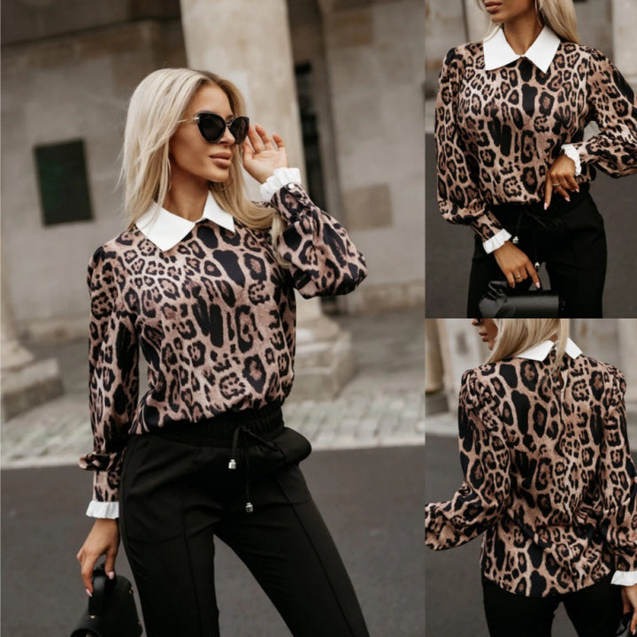 Kvinnebluse med leopardmønster og moteriktig krage Skjora