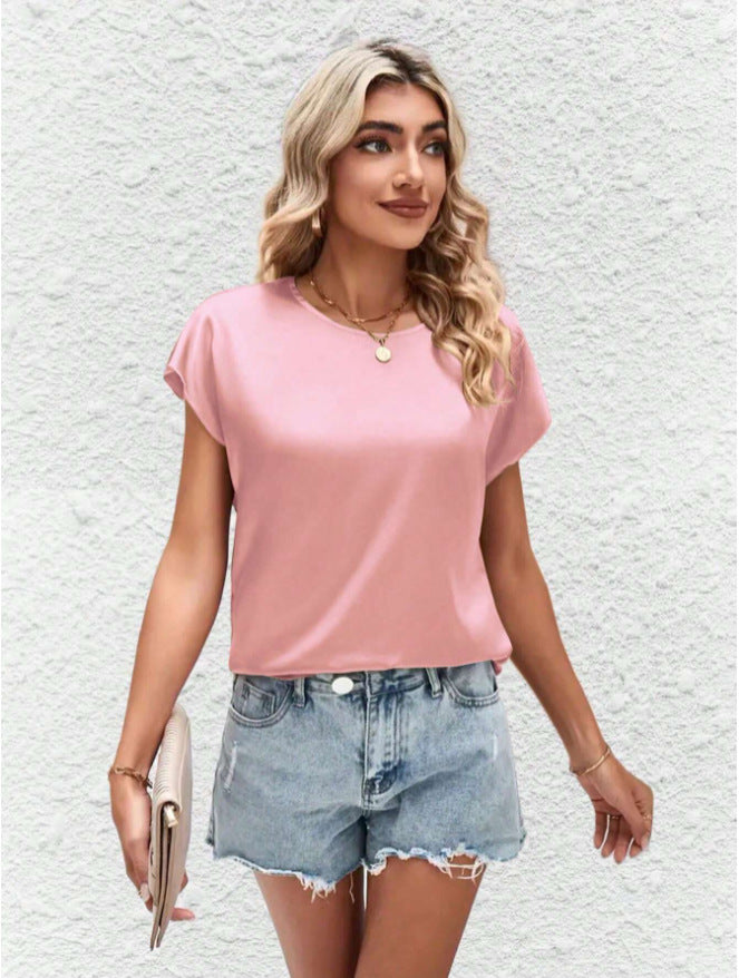 Damer Elegant Satin topp med avslappet snitt og korte ermer Skjora
