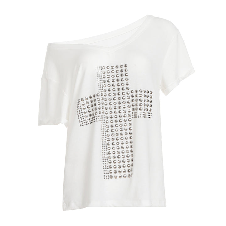 Dame stilren oversized T-skjorte med korsprint og glitrende detaljer Skjora