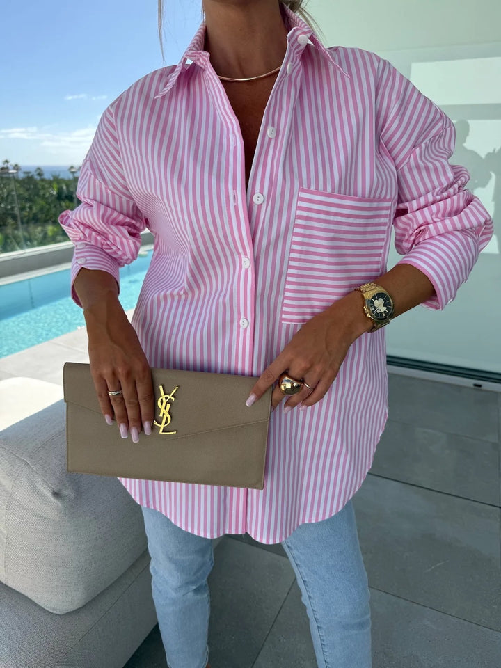 Kvinne casual skjorte bluse med klassisk stripemønster og pålagt brystlomme Skjora