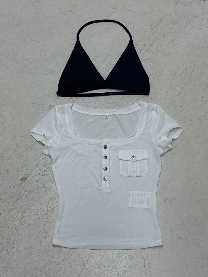 Dame kortermet bluse med trendy Henley-design og praktisk brystlomme Skjora