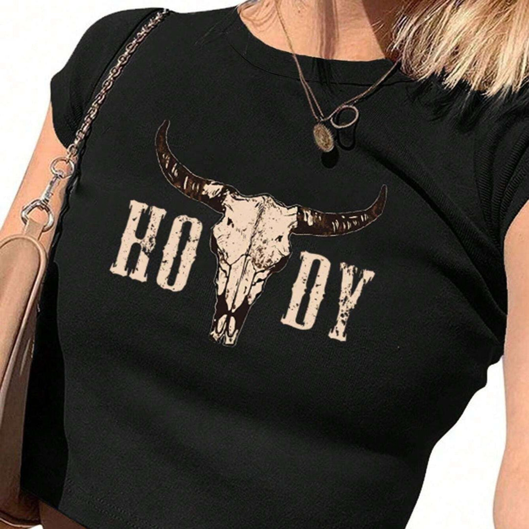 Dame Crop-T-skjorte med kreativ Cow Skull-design Skjora
