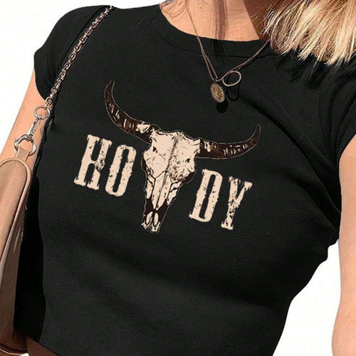 Dame Crop-T-skjorte med kreativ Cow Skull-design Skjora