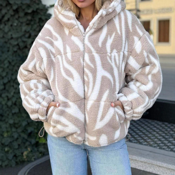 Damer Cozy Fleece Jakke i Motebasert Zebra Design med Høy Krage Skjora