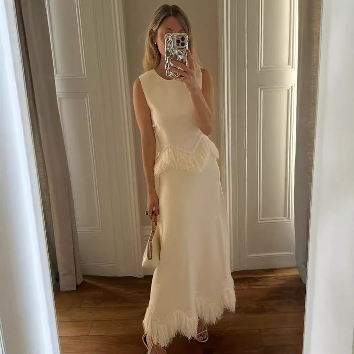 Dame Elegant Maxikjole med frynsebesetning og fin kant Skjora