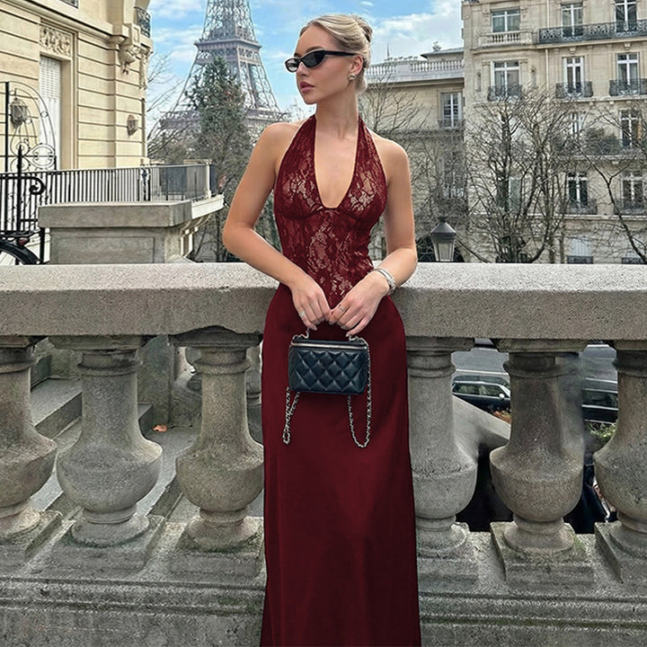 Dame Elegant Maxikjole med dyp V-hals og blonderinnsats Skjora