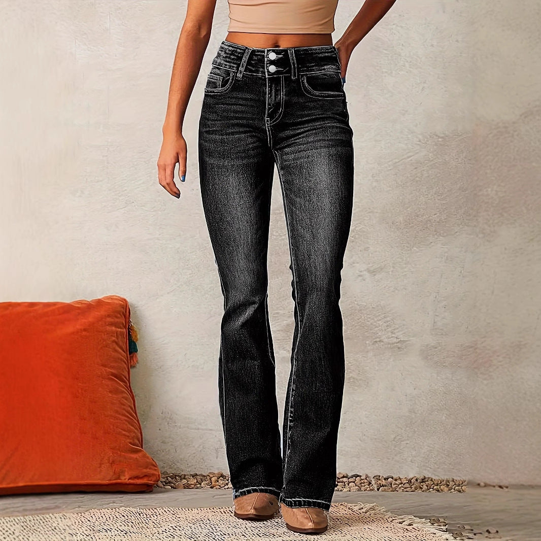 Kvinnenes høye midje flagrende jeans med dekorative knappedetaljer og figurvennlig snitt
