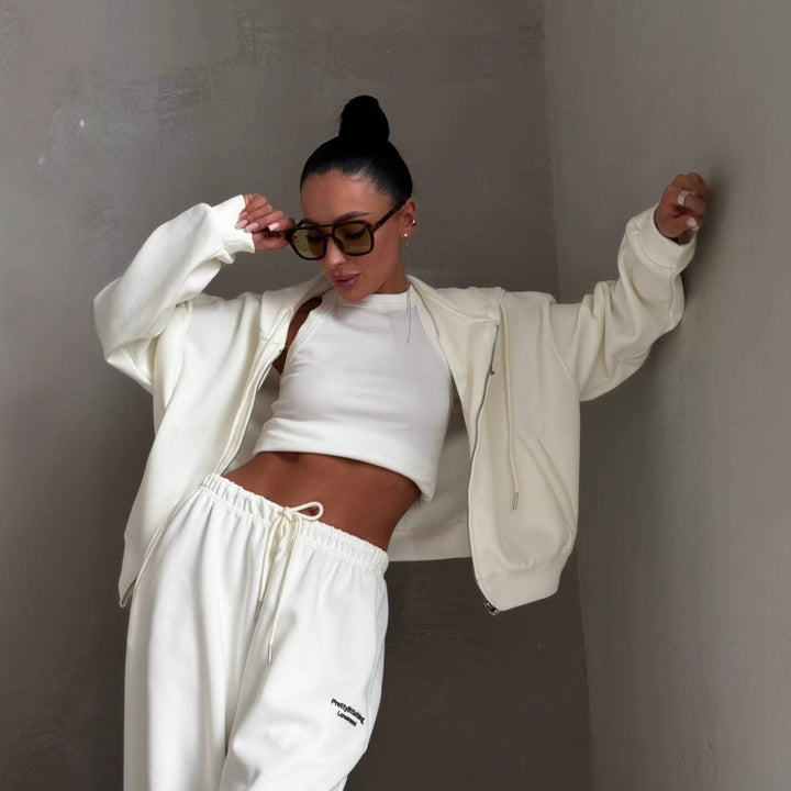 Kvinnes Casual Oversized Treningsdrakt med Stilig Krage og Elastisk Livlinje Skjora