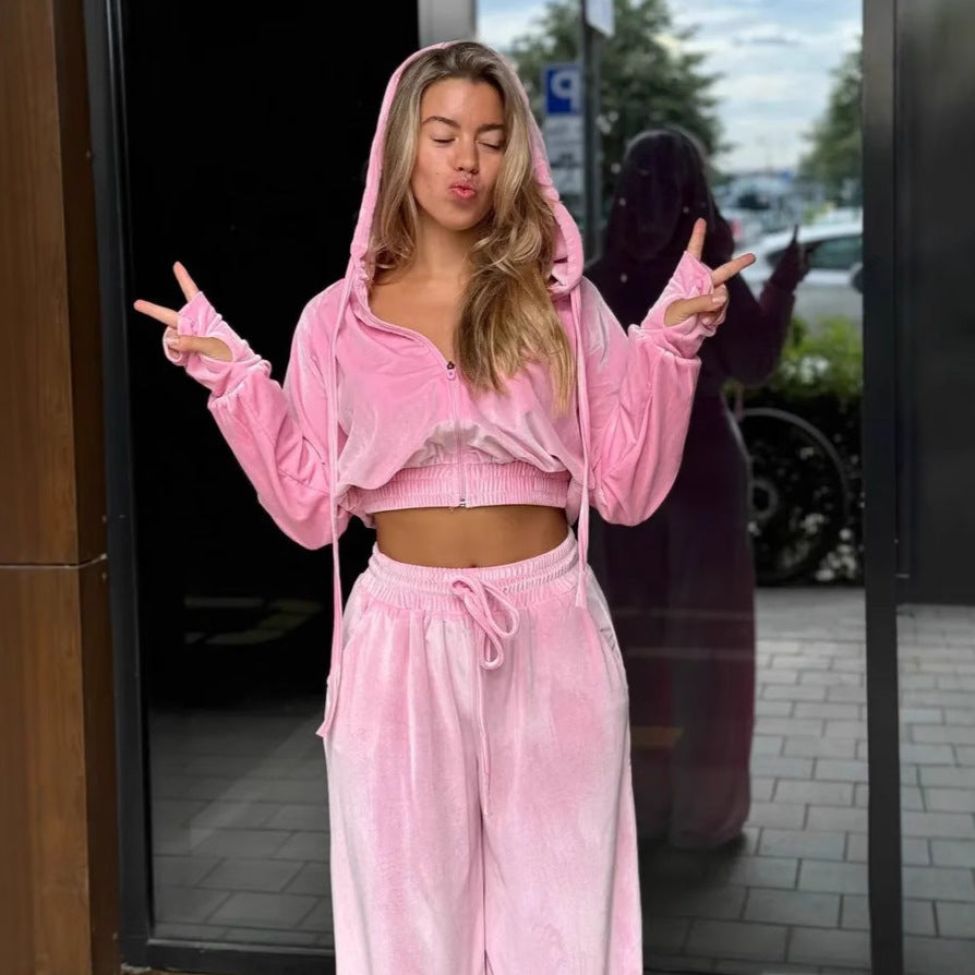 Kvinner cropped velourjakke og joggebukse sett Skjora