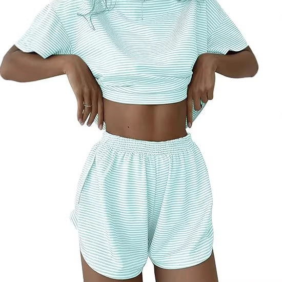 Damer avslappet Crop-Top og Short-set med stripete mønster Skjora