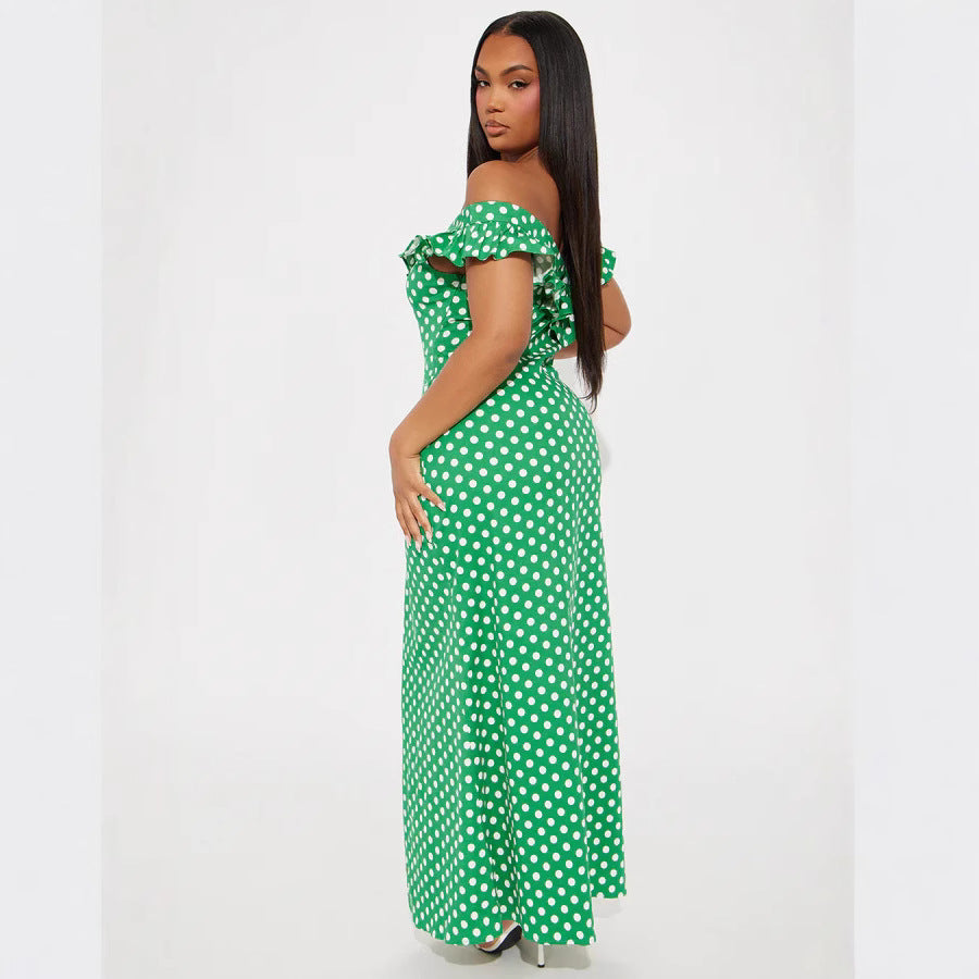 Damen Elegantes Maxikleid mit Rüschendetails und Polka-Dots Skjora