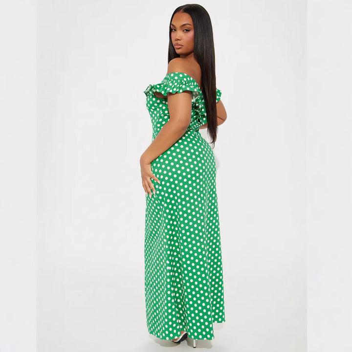 Damen Elegantes Maxikleid mit Rüschendetails und Polka-Dots Skjora