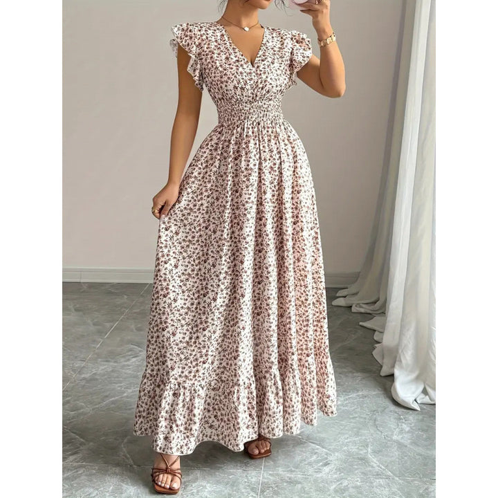 Dame Maxikjole med blomsterfrilldesign og elastisk midje Skjora
