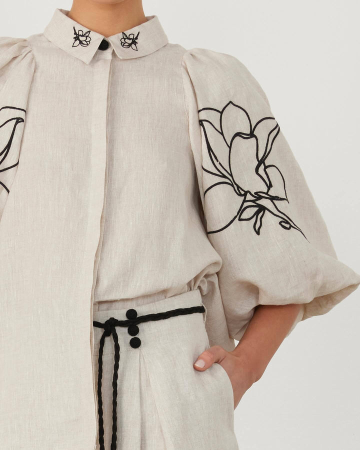 Damer Løst skjorte linbukse med blomsterbroderier Skjora