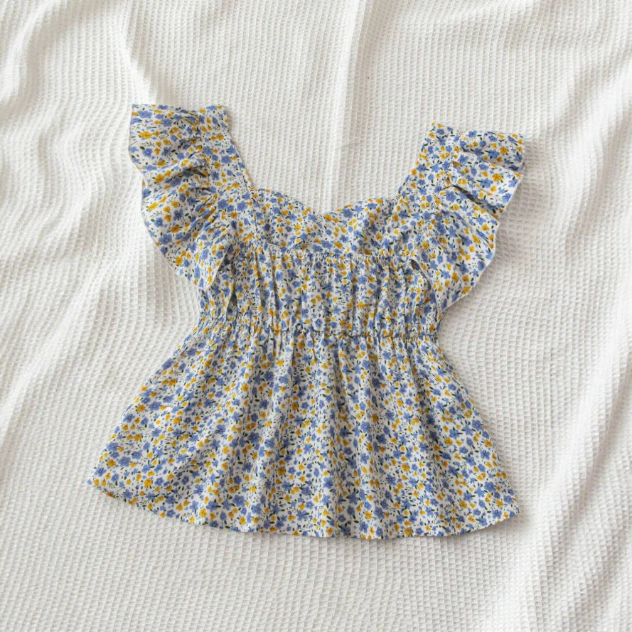 Dame blomst Bluse med rufsedetaljer og flytende snitt Skjora