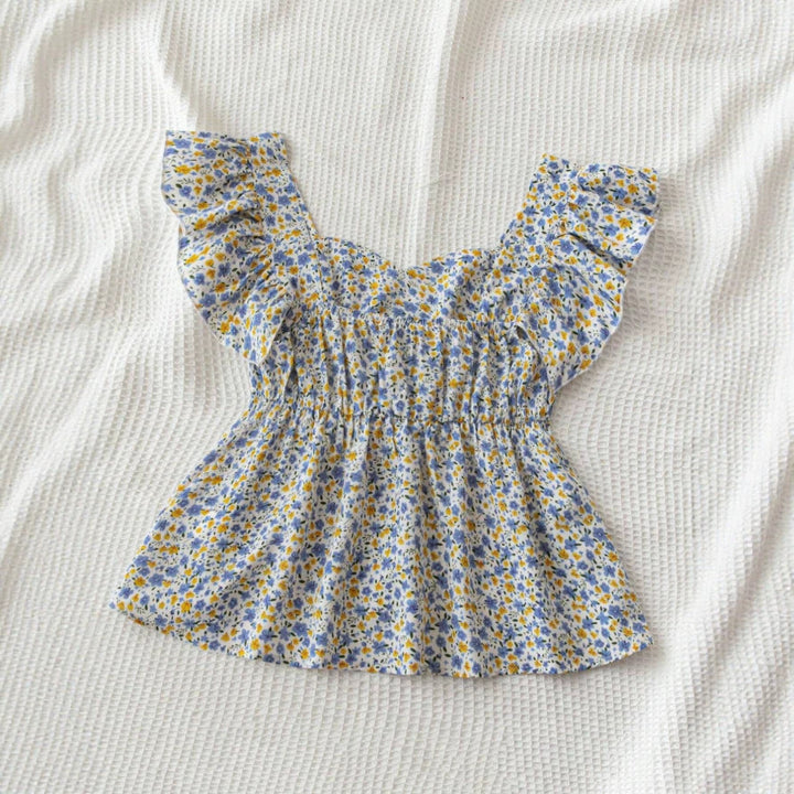 Dame blomst Bluse med rufsedetaljer og flytende snitt Skjora